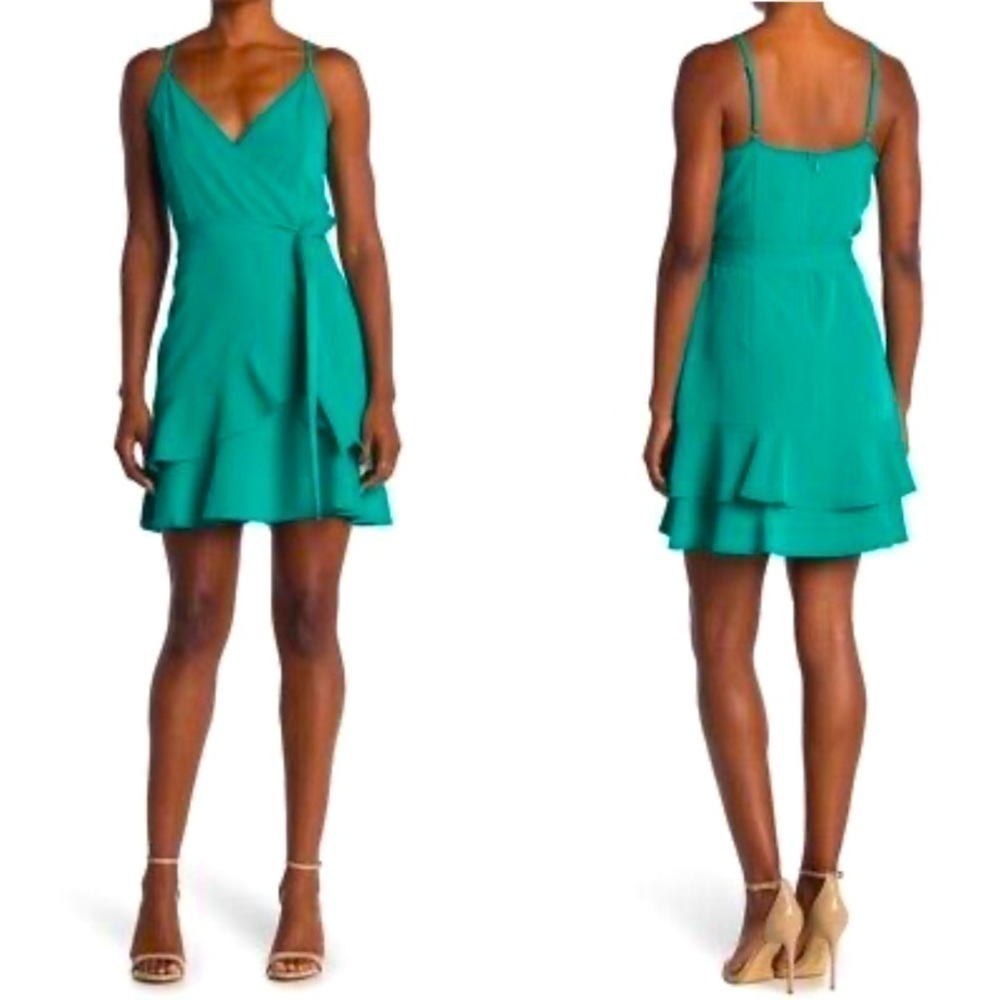 Sage Mini Dress Faux Wrap Ruffle Front/Hem Surplice V Neck Top Green SZ 6